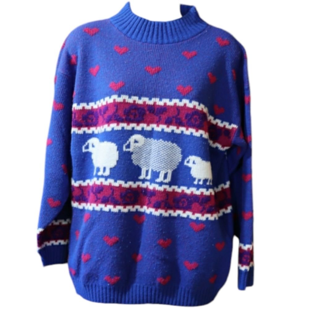 Private Eyes Vintage Blue Heart & Sheep Knit Sweater Retro Cozy Large USA